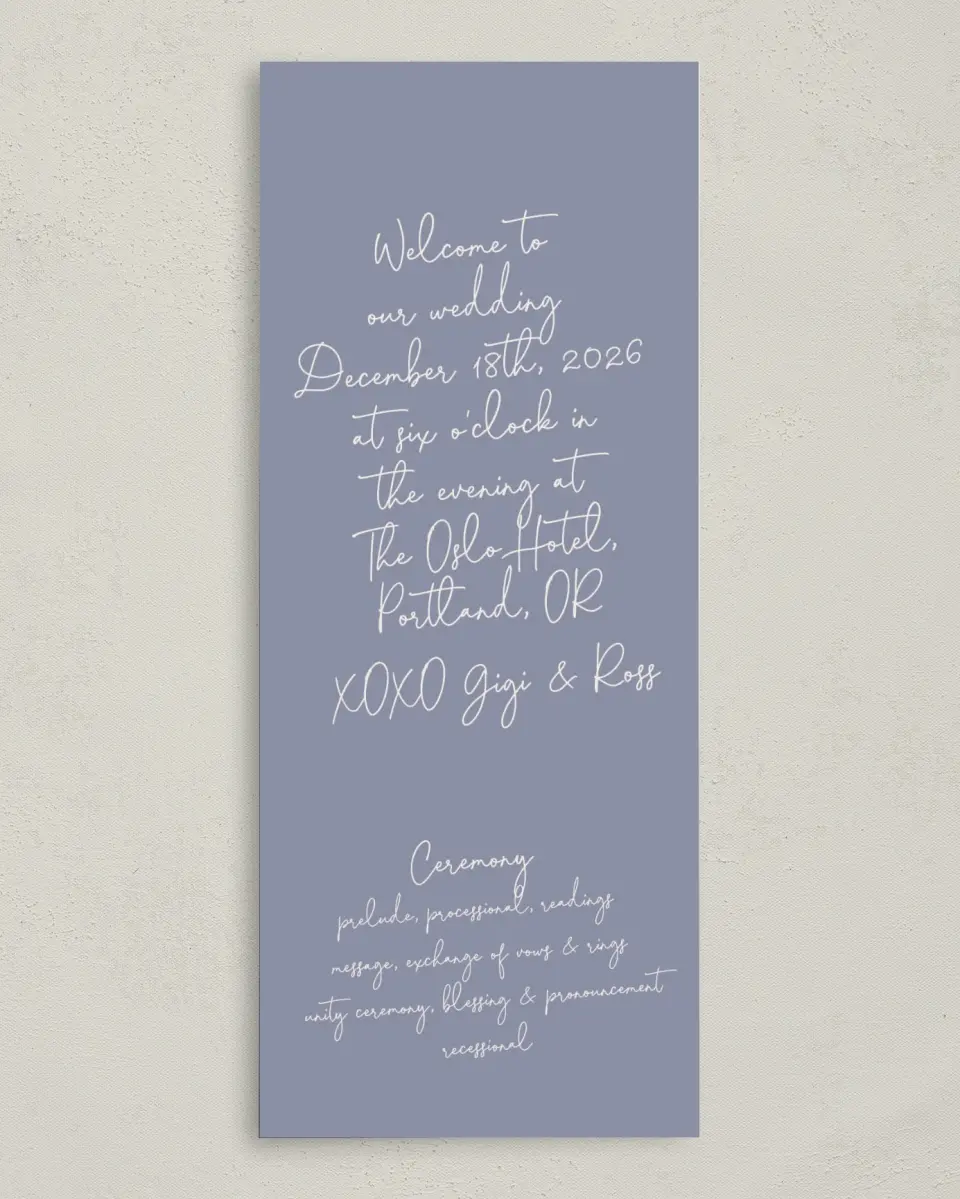 This is a 3⅝" x 8⅞" Tea-length Wedding Program called Yours Truly printed in full color on Premium Smooth paper