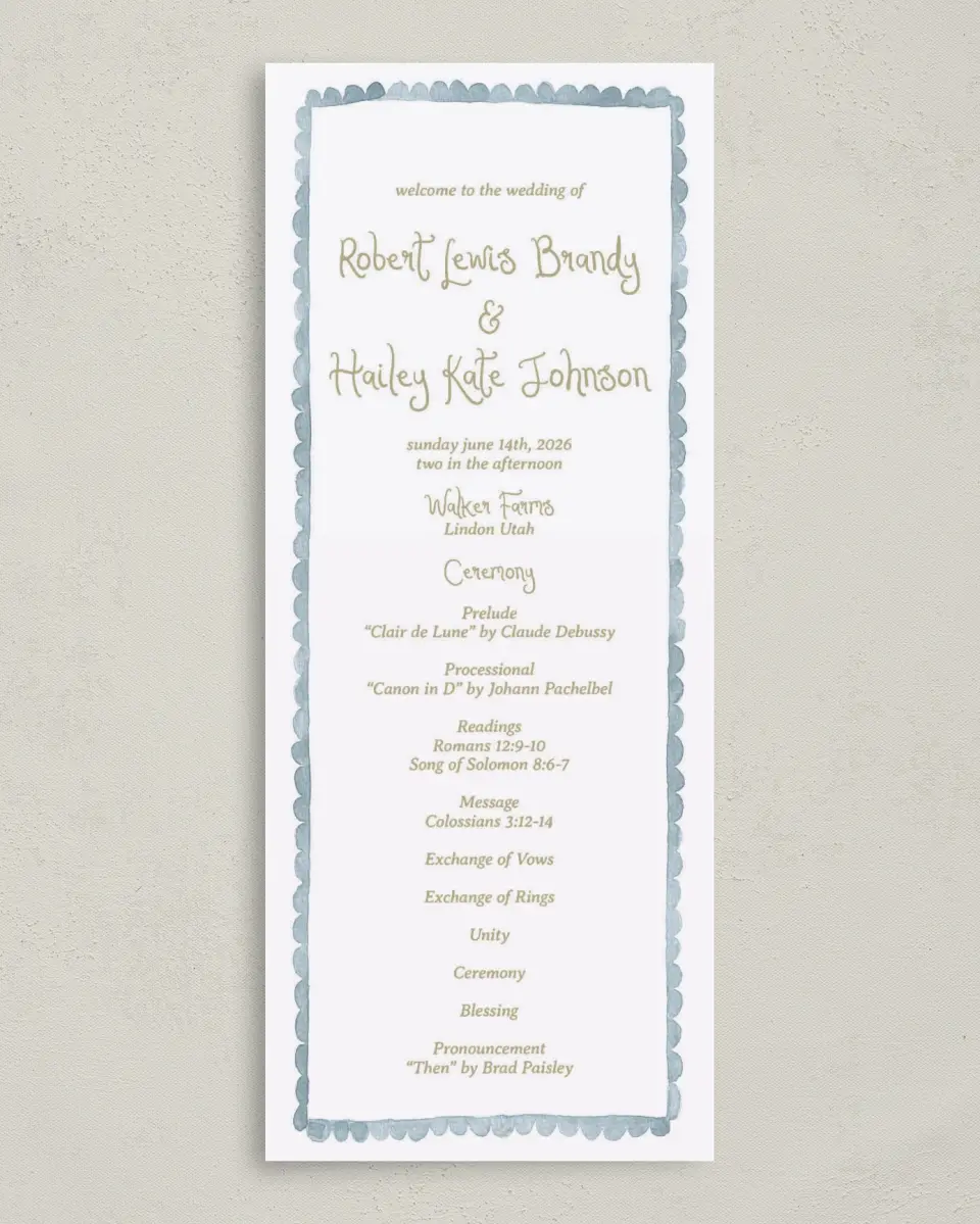 This is a 3⅝" x 8⅞" Tea-length Wedding Program called Soft Meadows printed in full color on Premium Smooth paper