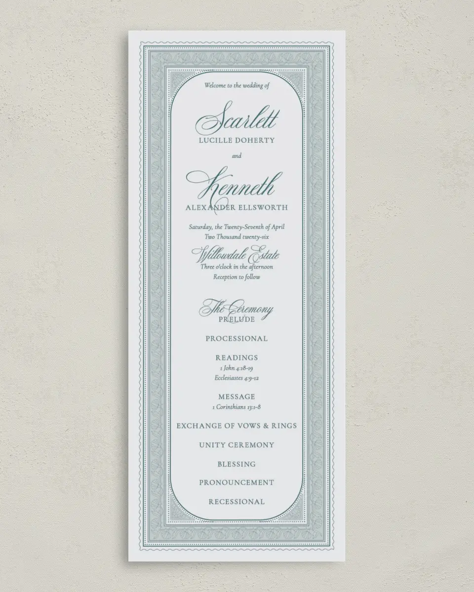 This is a 3⅝" x 8⅞" Tea-length Wedding Program called Delicate Vintage printed in full color on Premium Smooth paper