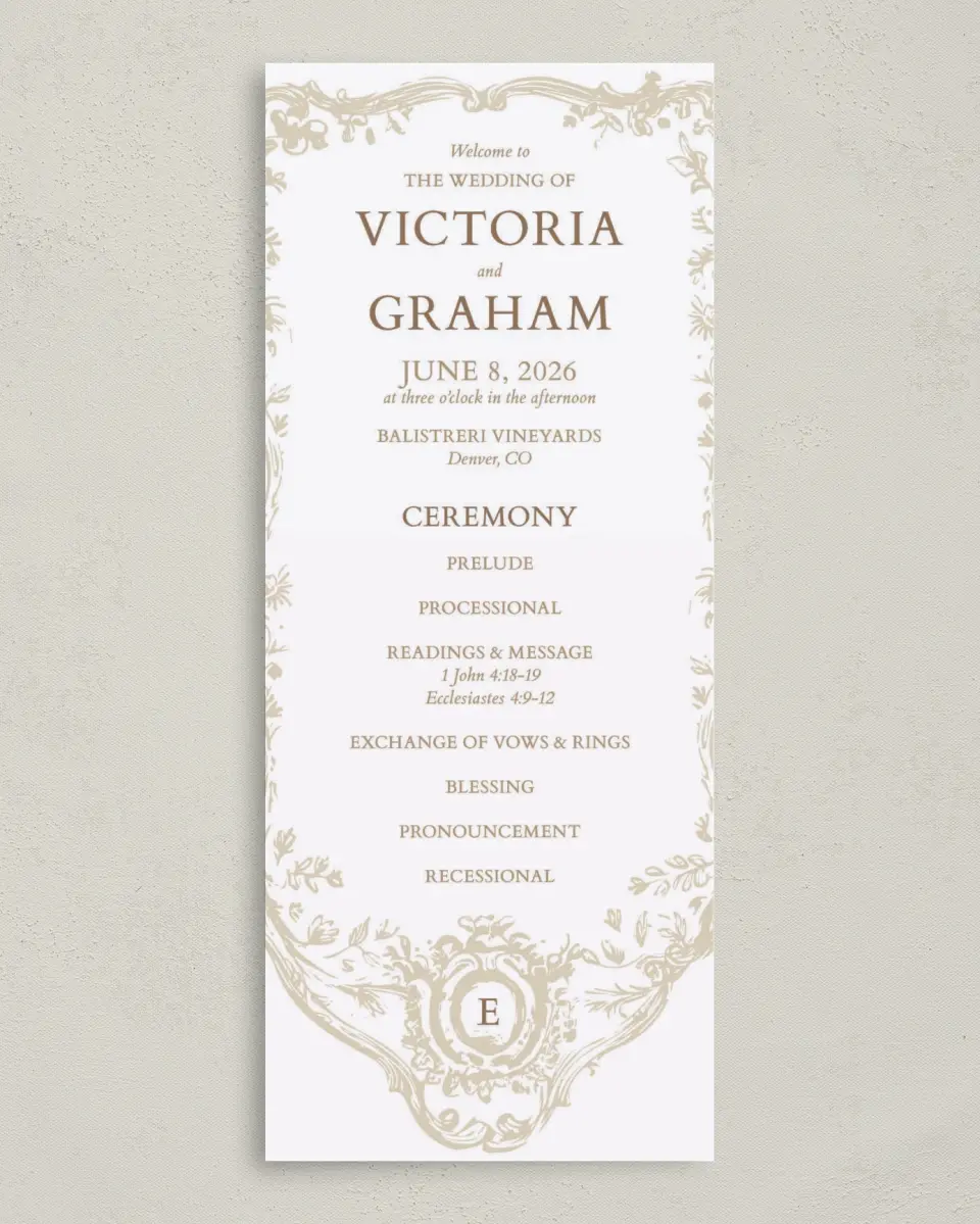 This is a 3⅝" x 8⅞" Tea-length Wedding Program called Soft Branchlets printed in full color on Premium Smooth paper