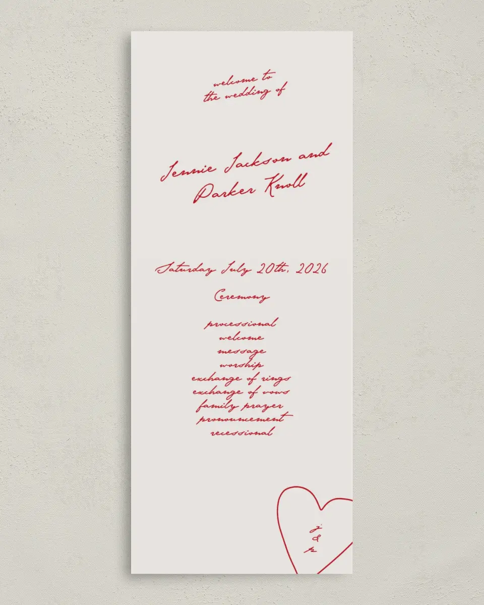 This is a 3⅝" x 8⅞" Tea-length Wedding Program called With All Our Love printed in full color on Premium Smooth paper