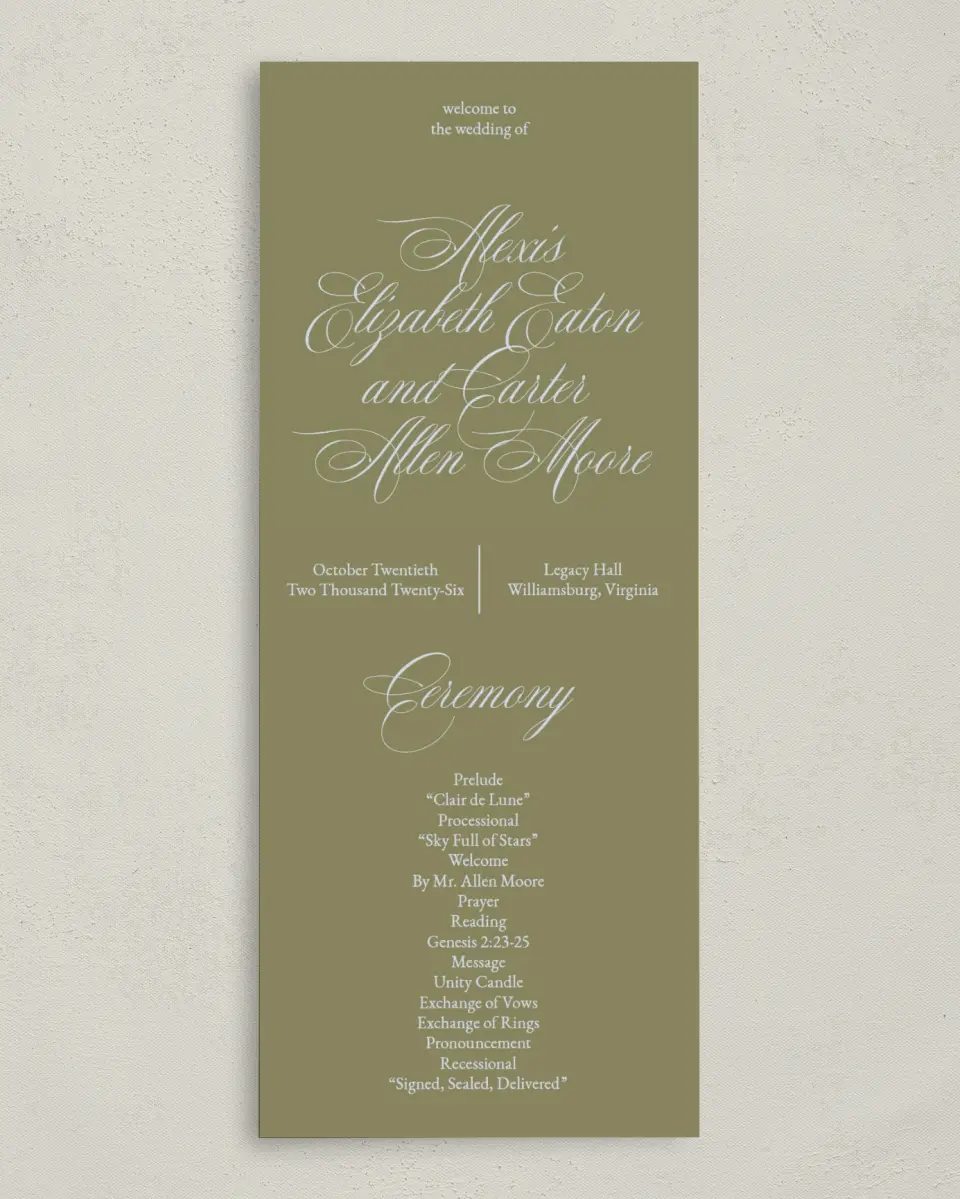 This is a 3⅝" x 8⅞" Tea-length Wedding Program called Signature Vows printed in full color on Premium Smooth paper