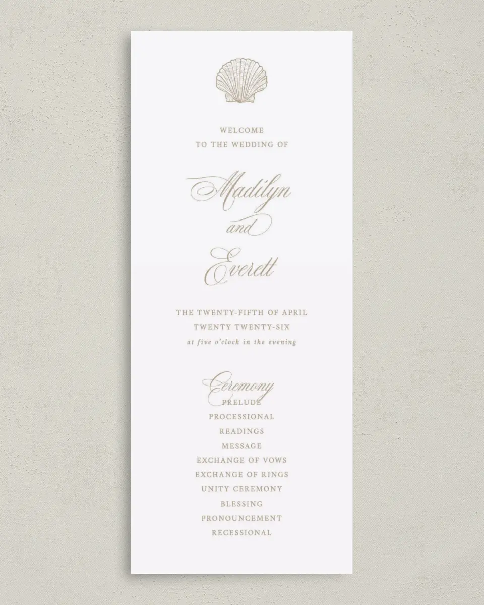 This is a 3⅝" x 8⅞" Tea-length Wedding Program called Elegant Shell printed in full color on Premium Smooth paper
