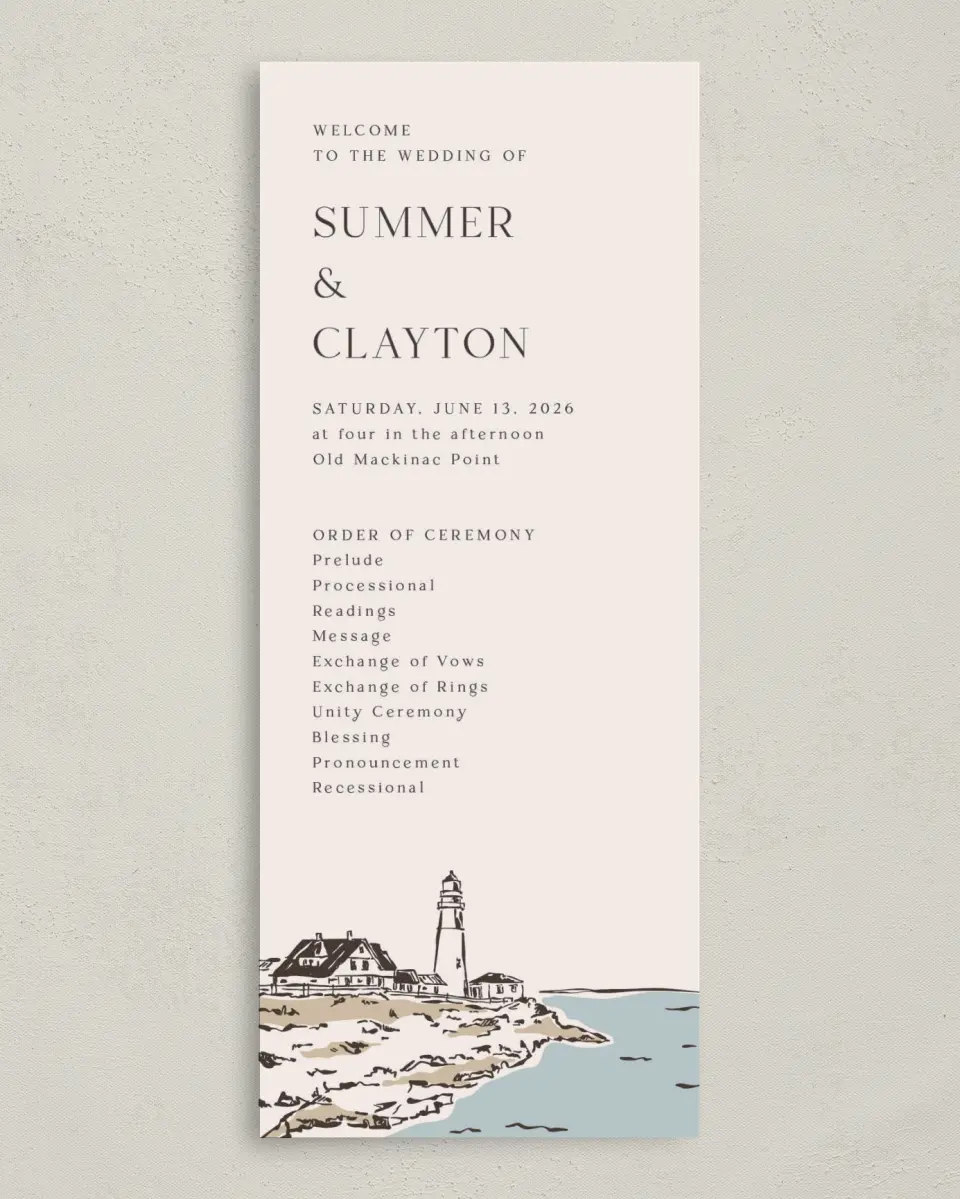 This is a 3⅝" x 8⅞" Tea-length Wedding Program called Beacon of Love printed in full color on Premium Smooth paper