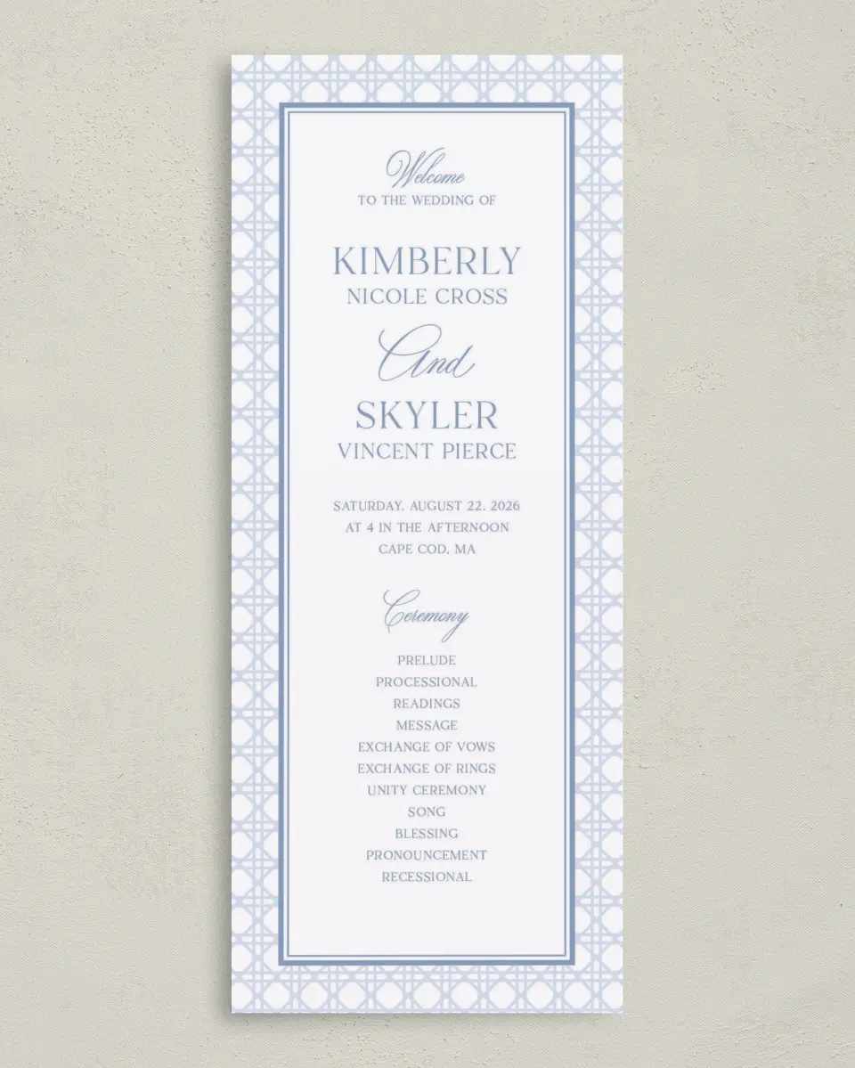 This is a 3⅝" x 8⅞" Tea-length Wedding Program called Woven Serenity printed in full color on Premium Smooth paper