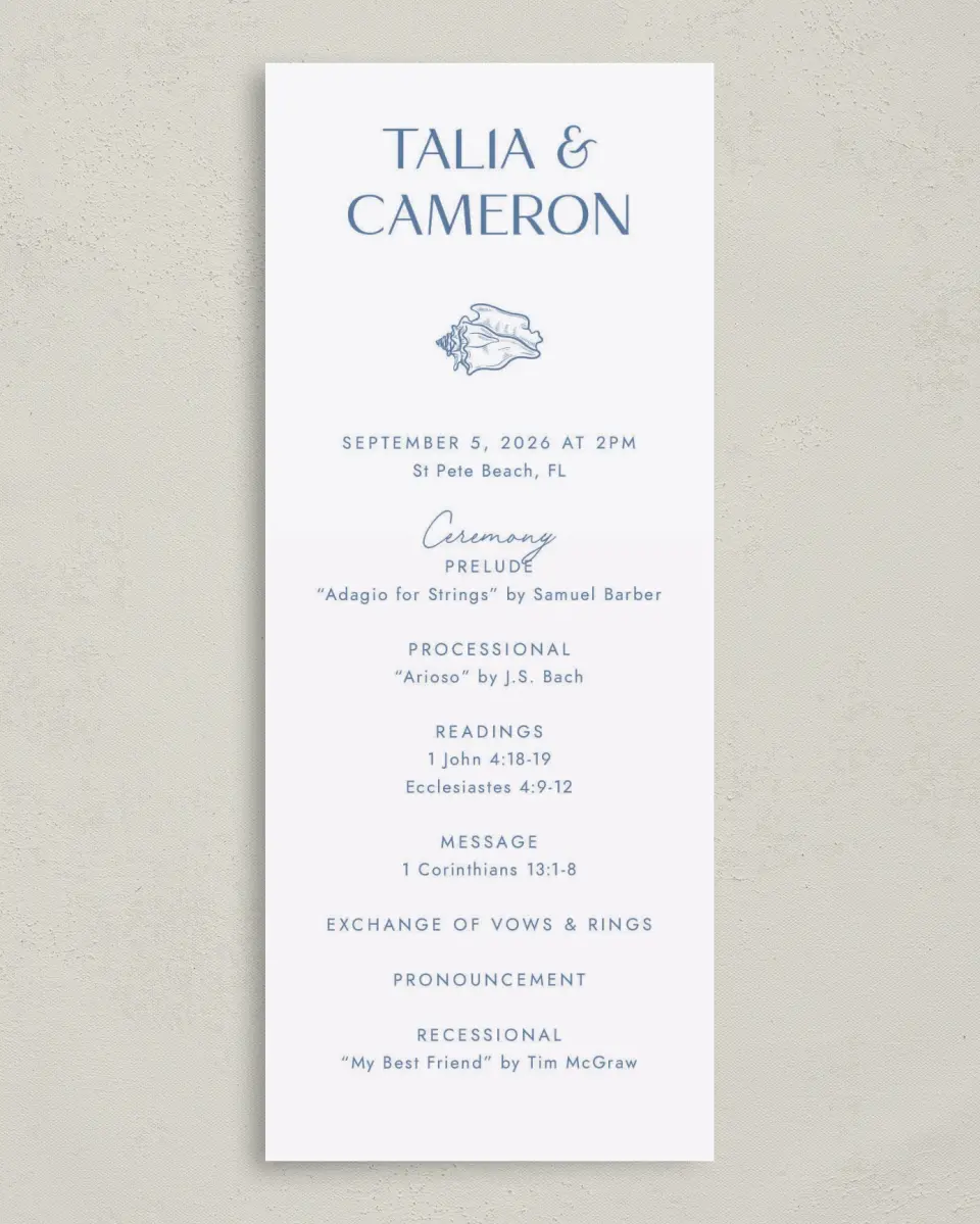 This is a 3⅝" x 8⅞" Tea-length Wedding Program called Seaside Serenade printed in full color on Premium Smooth paper