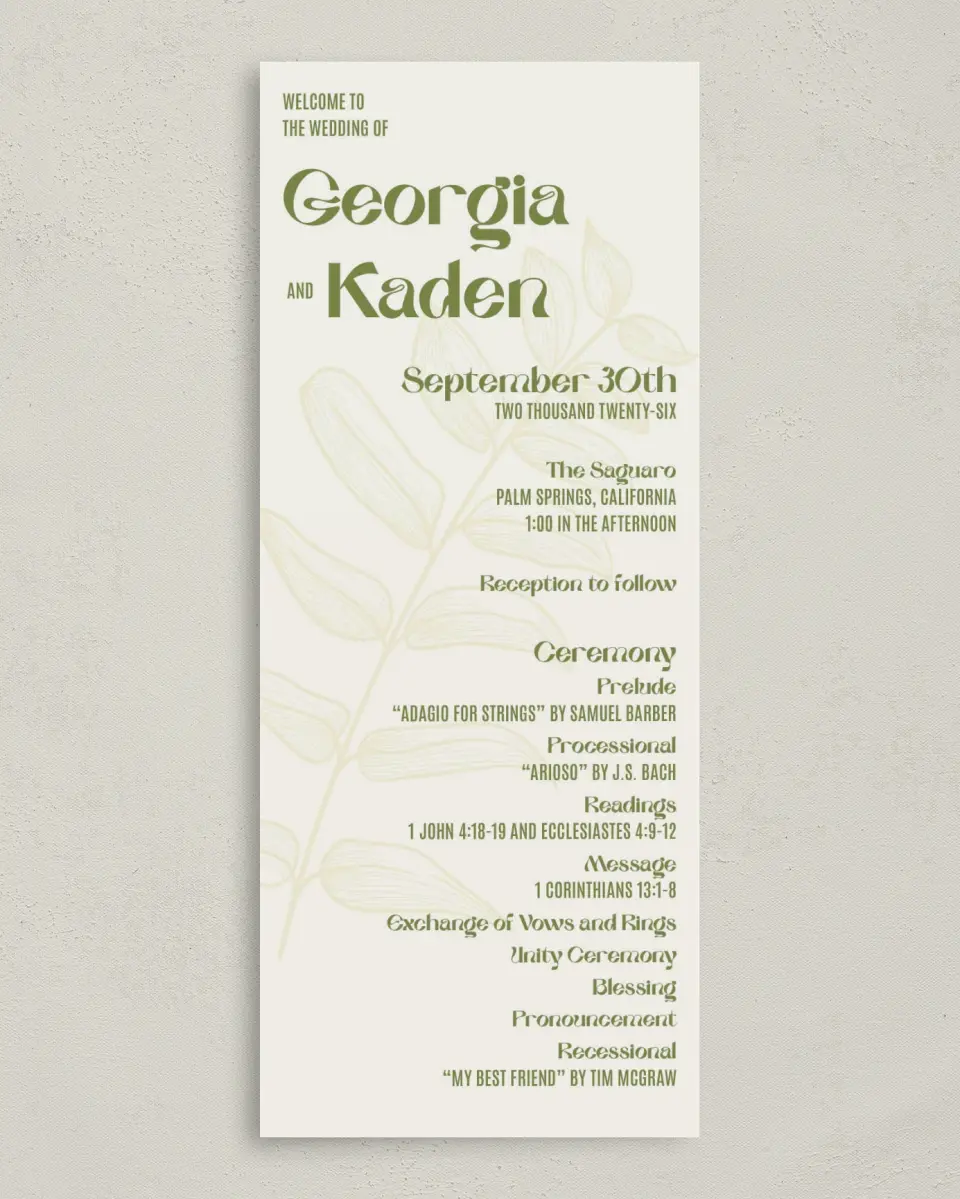 This is a 3⅝" x 8⅞" Tea-length Wedding Program called Zephyr printed in full color on Premium Smooth paper