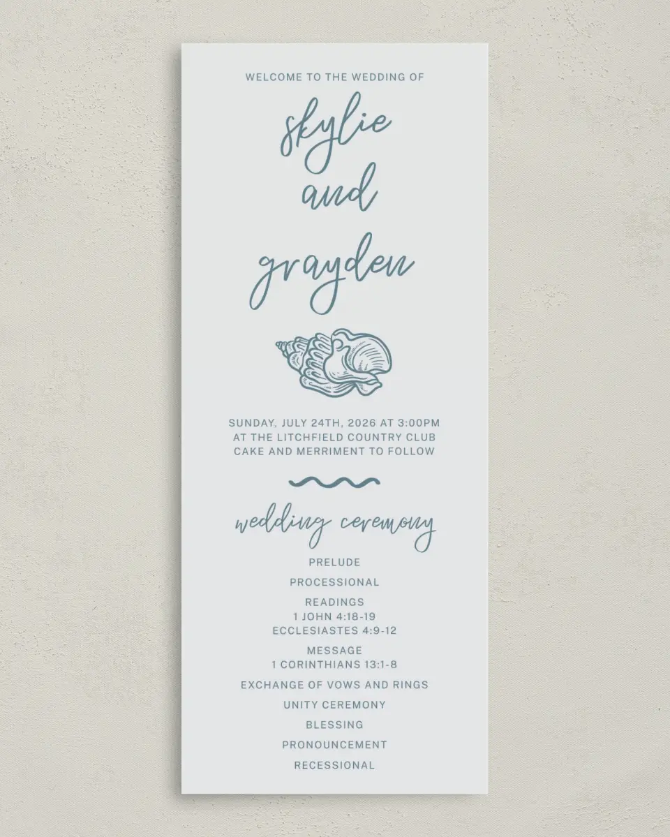 This is a 3⅝" x 8⅞" Tea-length Wedding Program called I Hear Wedding Shells printed in full color on Premium Smooth paper