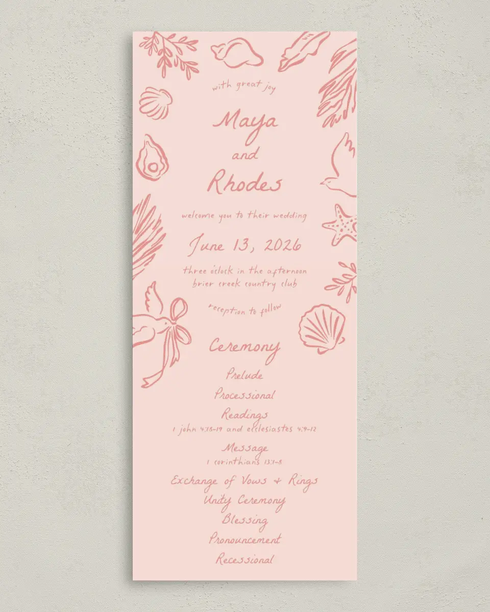 This is a 3⅝" x 8⅞" Tea-length Wedding Program called Maritime Vows printed in full color on Premium Smooth paper