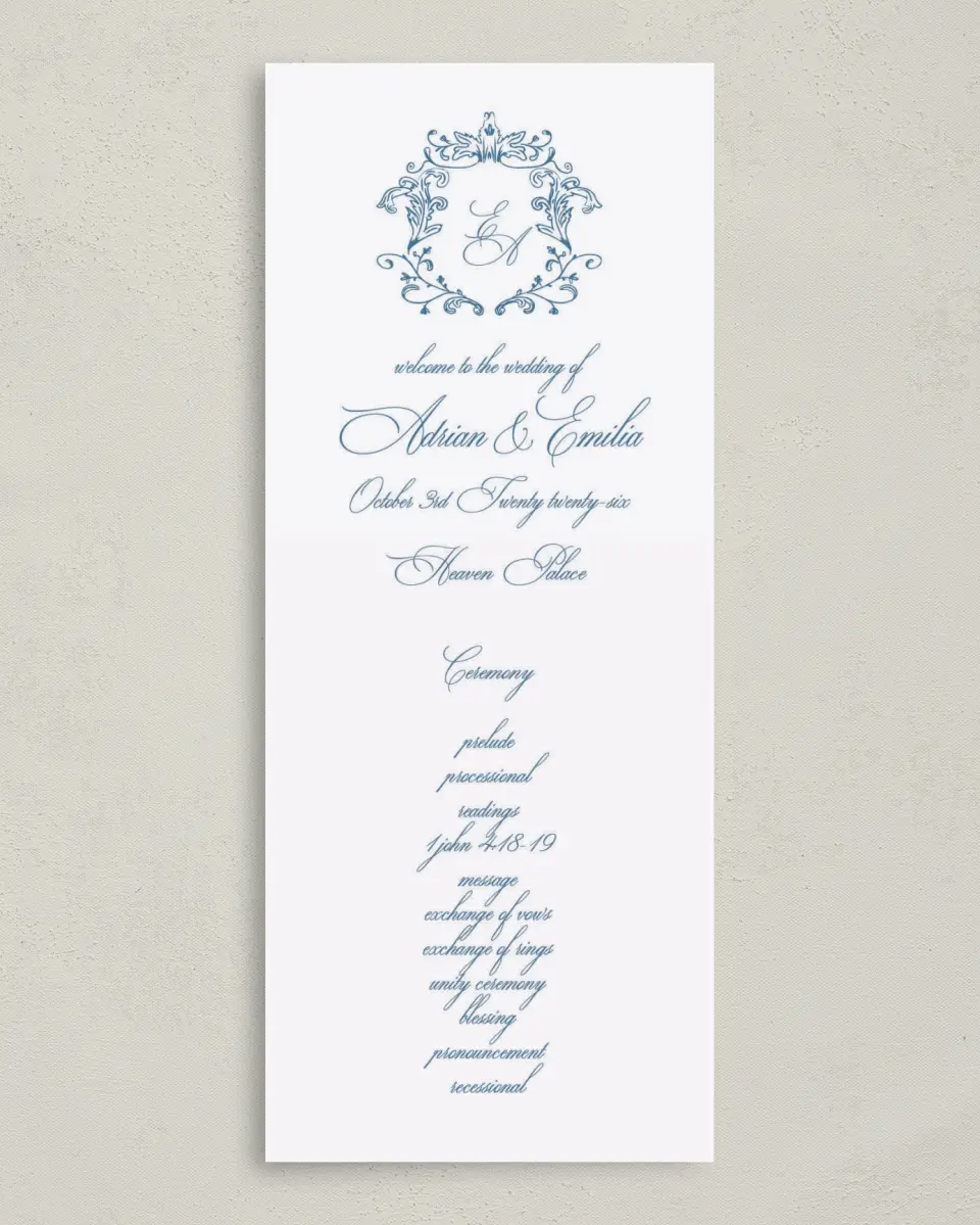 This is a 3⅝" x 8⅞" Tea-length Wedding Program called Blue Toile Romance printed in full color on Premium Smooth paper