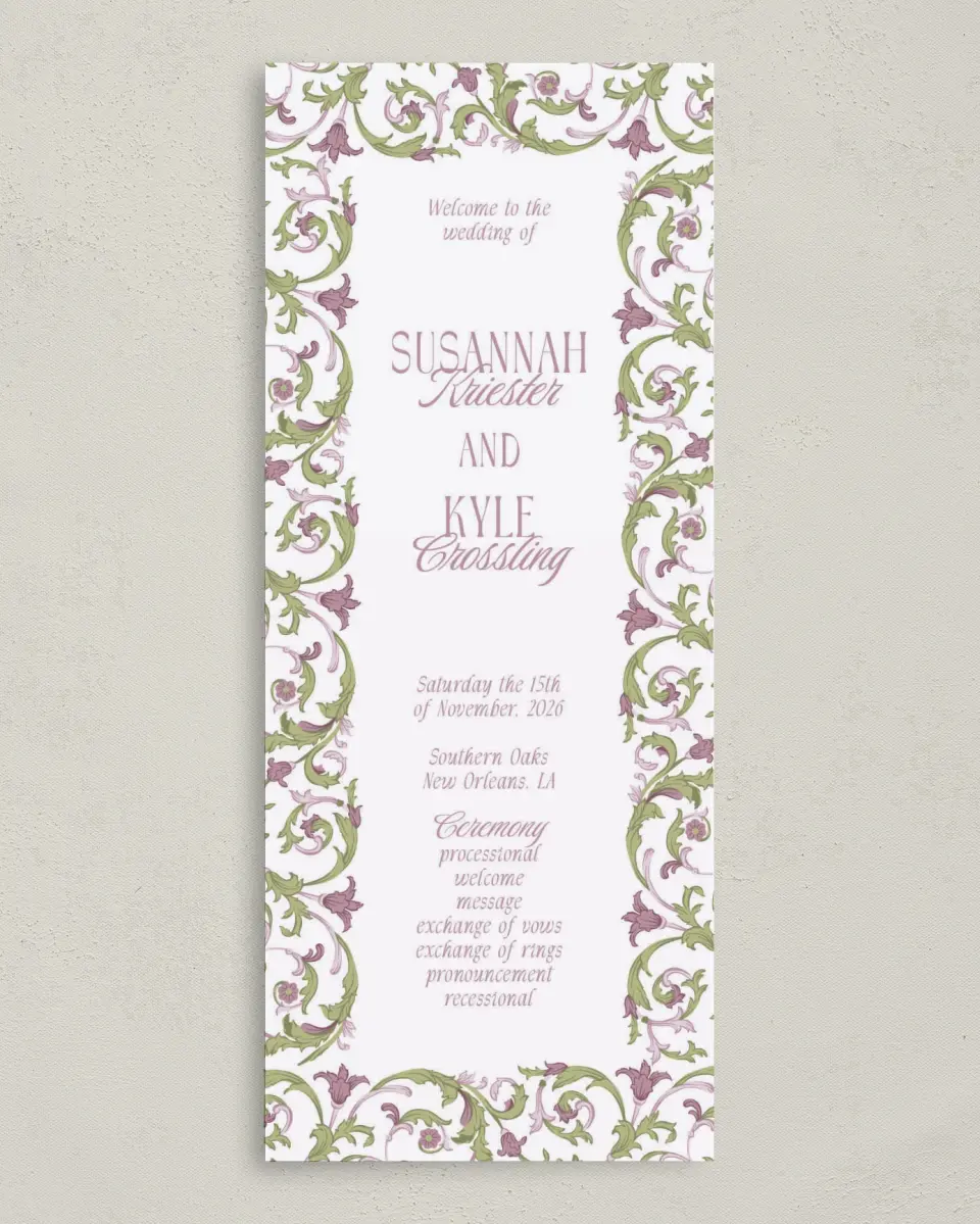 This is a 3⅝" x 8⅞" Tea-length Wedding Program called Ornate Garden printed in full color on Premium Smooth paper