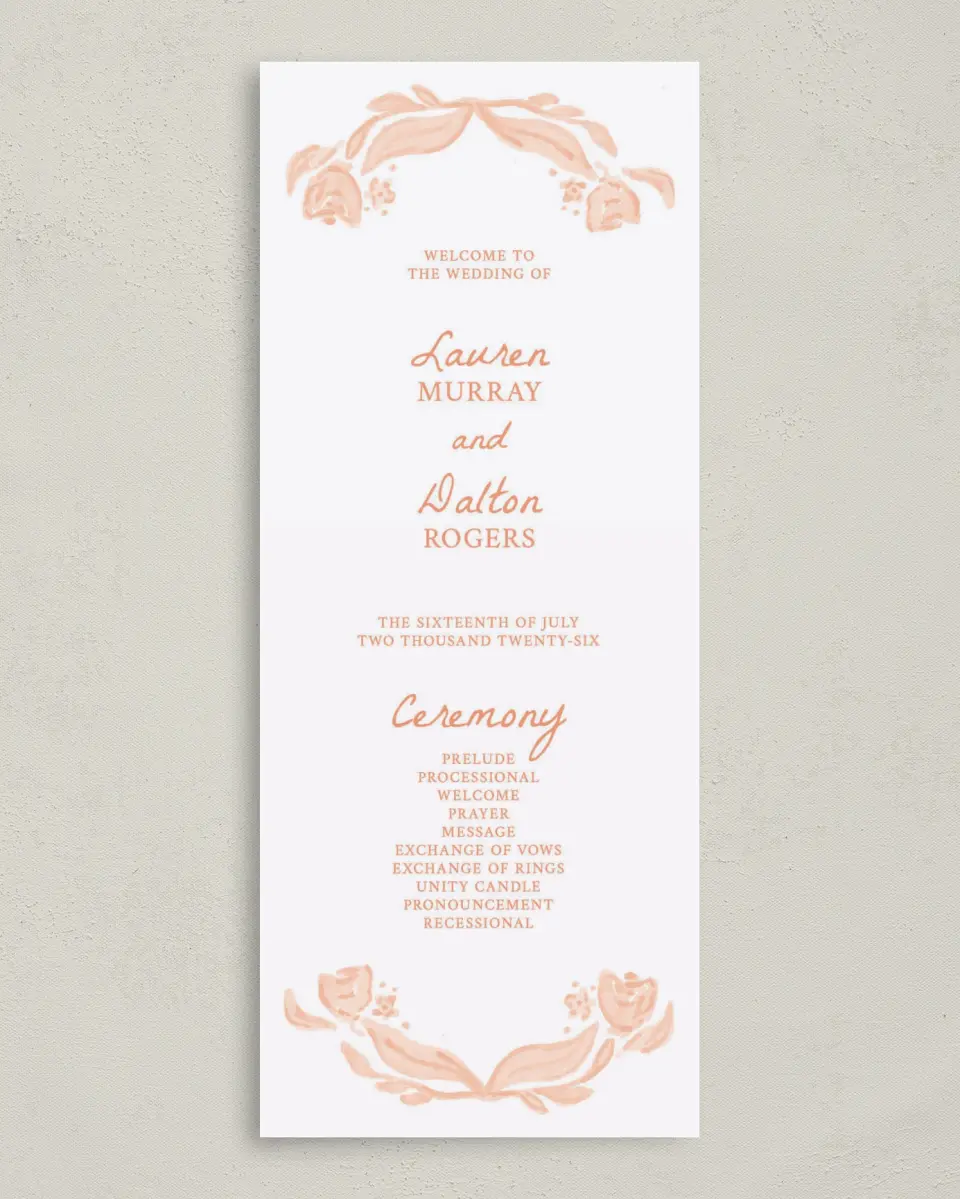 This is a 3⅝" x 8⅞" Tea-length Wedding Program called Ever After Blooms printed in full color on Premium Smooth paper