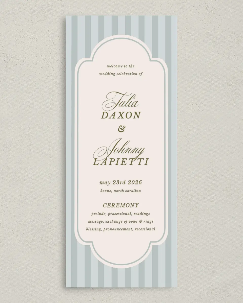This is a 3⅝" x 8⅞" Tea-length Wedding Program called Love You Forever printed in full color on Premium Smooth paper