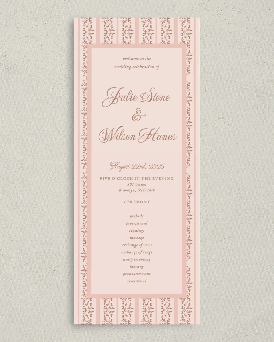 This is a 3⅝" x 8⅞" Tea-length Wedding Program called Patterned Love printed in full color on Premium Smooth paper