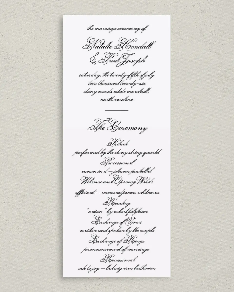 This is a 3⅝" x 8⅞" Tea-length Wedding Program called Formal Script printed in full color on Premium Smooth paper