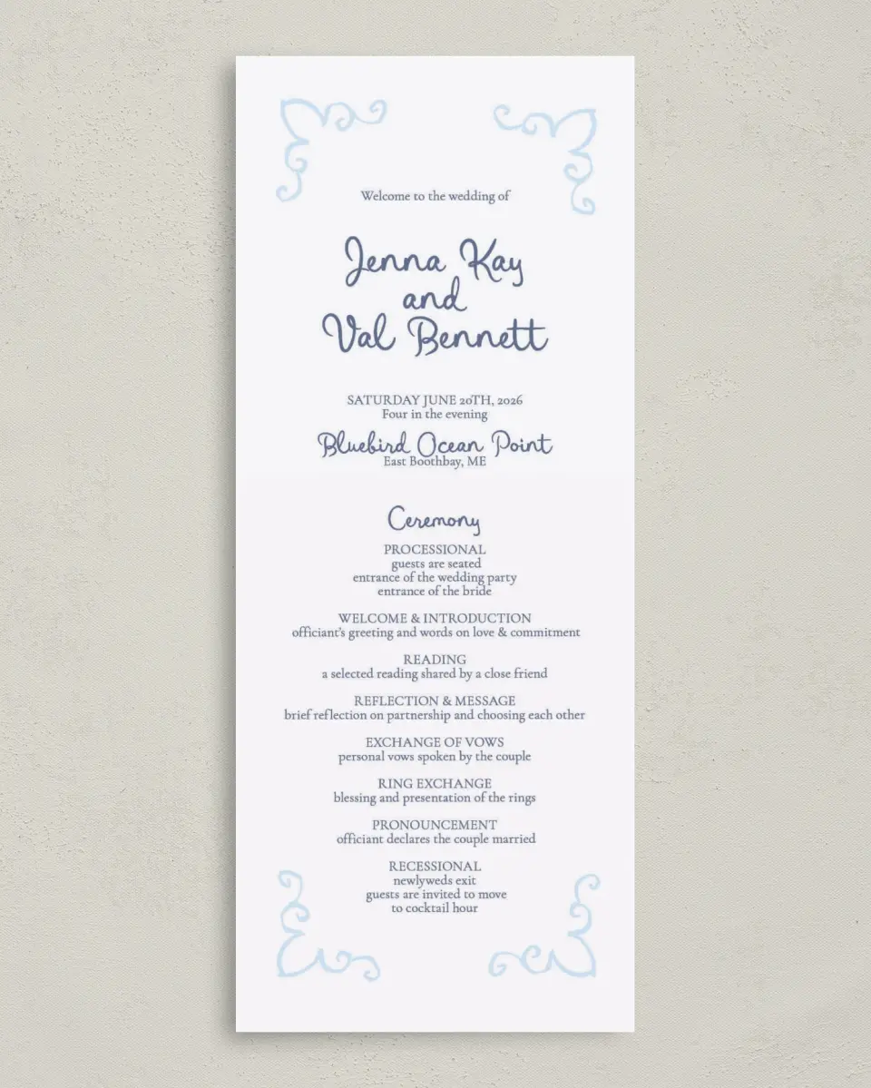 This is a 3⅝" x 8⅞" Tea-length Wedding Program called Love by the Sea printed in full color on Premium Smooth paper