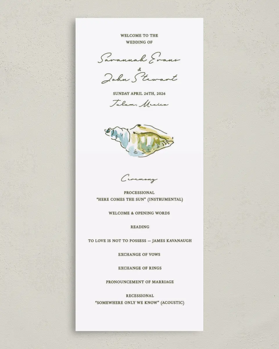 This is a 3⅝" x 8⅞" Tea-length Wedding Program called Whimsical Shells printed in full color on Premium Smooth paper