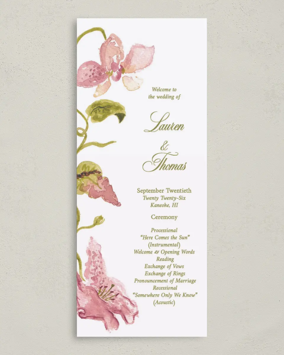 This is a 3⅝" x 8⅞" Tea-length Wedding Program called Paradise in Bloom printed in full color on Premium Smooth paper