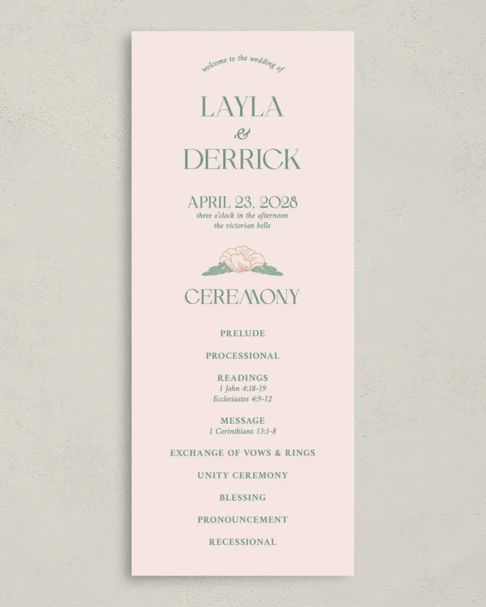 This is a 3⅝" x 8⅞" Tea-length Wedding Program called Vintage Dream printed in full color with Gold foil on Premium Smooth paper