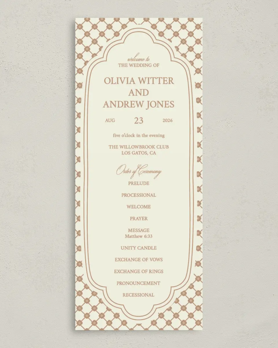 This is a 3⅝" x 8⅞" Tea-length Wedding Program called Beaded Veil printed in full color with Gold foil on Premium Smooth paper