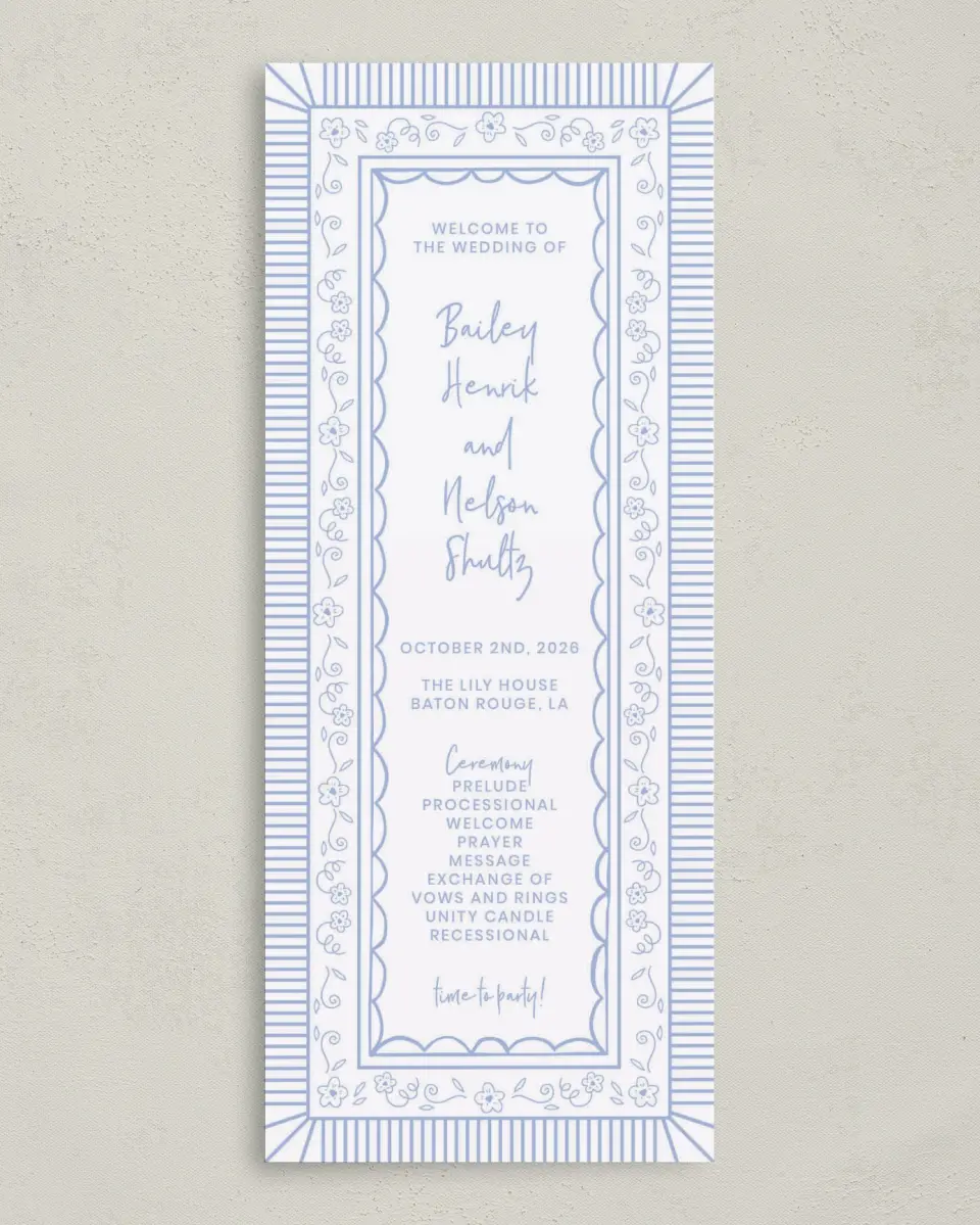 This is a 3⅝" x 8⅞" Tea-length Wedding Program called Framed in Flowers printed in full color with Gold foil on Premium Smooth paper