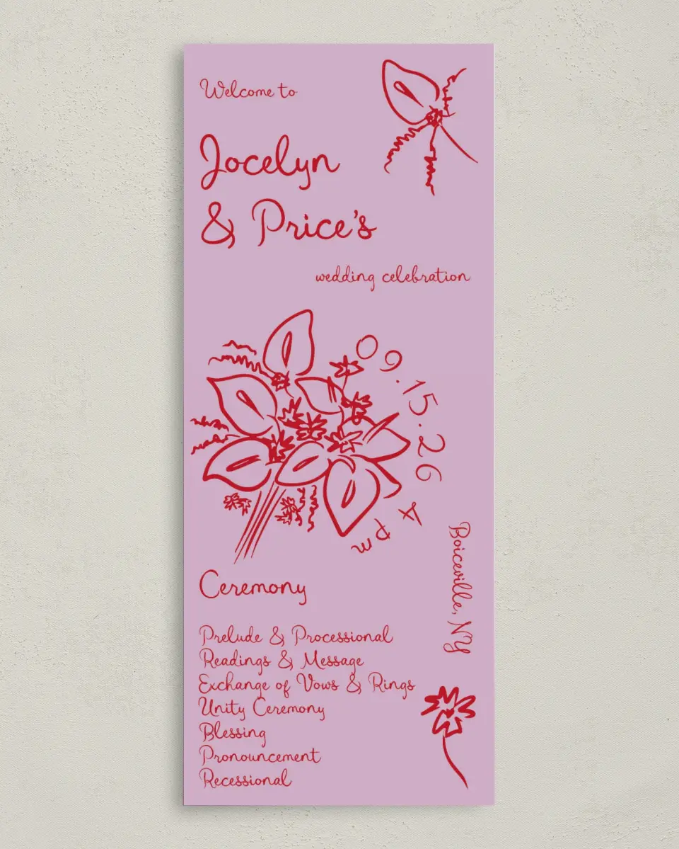 This is a 3⅝" x 8⅞" Tea-length Wedding Program called Flourishing Love printed in full color with Gold foil on Premium Smooth paper