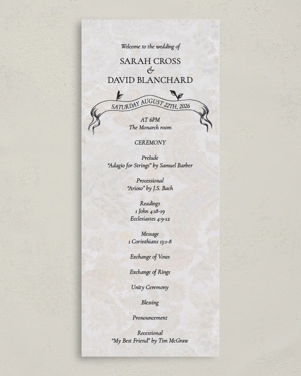 This is a 3⅝" x 8⅞" Tea-length Wedding Program called Trimmed Lace printed in full color with Gold foil on Premium Smooth paper