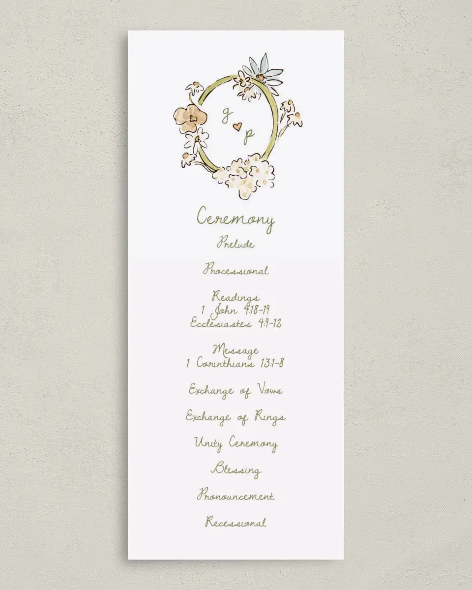 This is a 3⅝" x 8⅞" Tea-length Wedding Program called Soft Garden Vows printed in full color with Gold foil on Premium Smooth paper