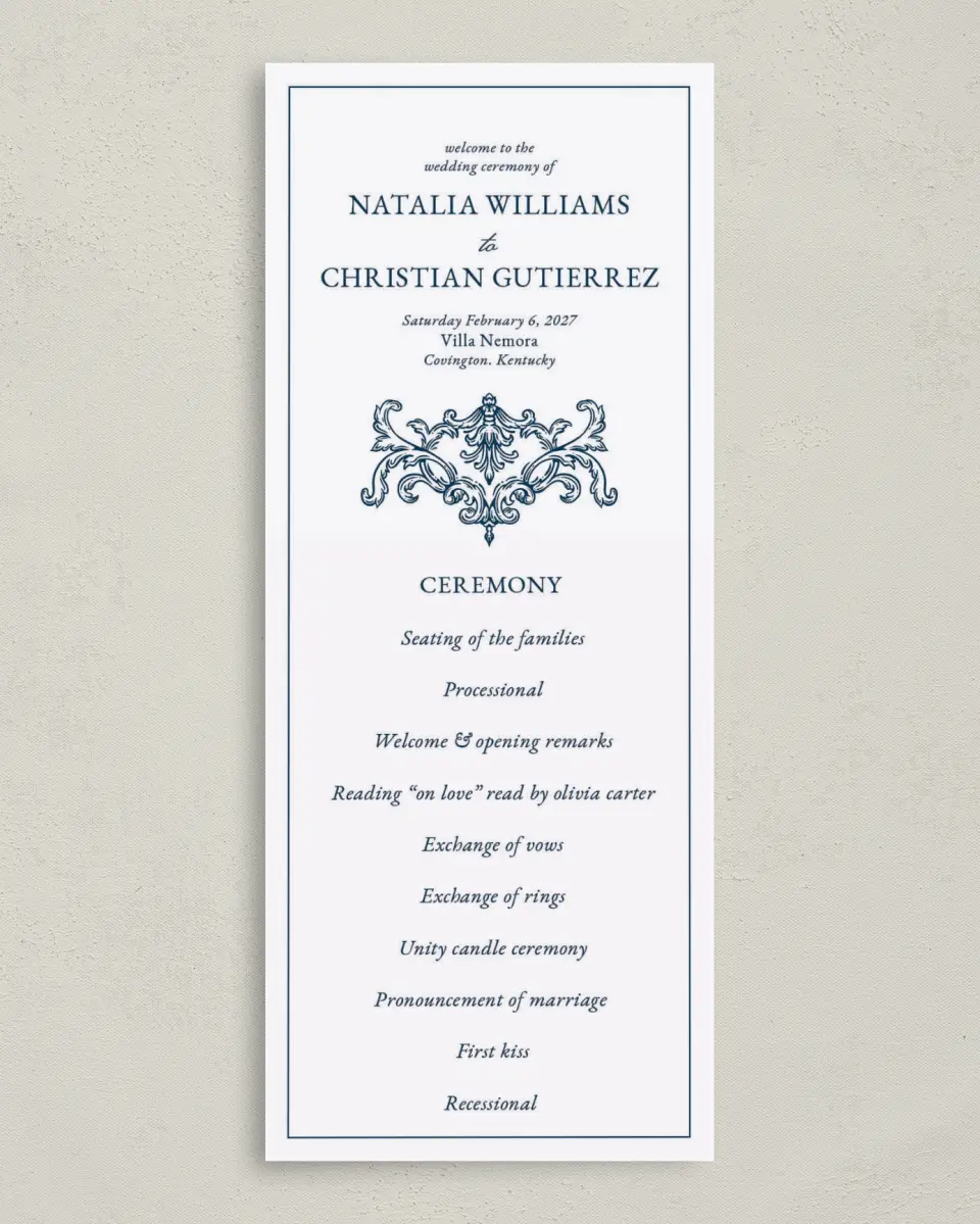 This is a 3⅝" x 8⅞" Tea-length Wedding Program called Heirloom Crest printed in full color with Gold foil on Premium Smooth paper