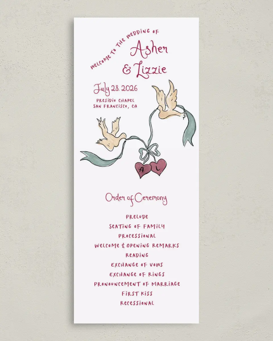 This is a 3⅝" x 8⅞" Tea-length Wedding Program called Love Dove printed in full color with Gold foil on Premium Smooth paper