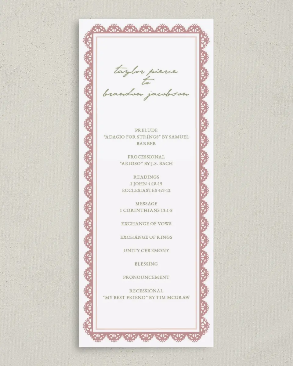 This is a 3⅝" x 8⅞" Tea-length Wedding Program called Verdant Romance printed in full color with Gold foil on Premium Smooth paper