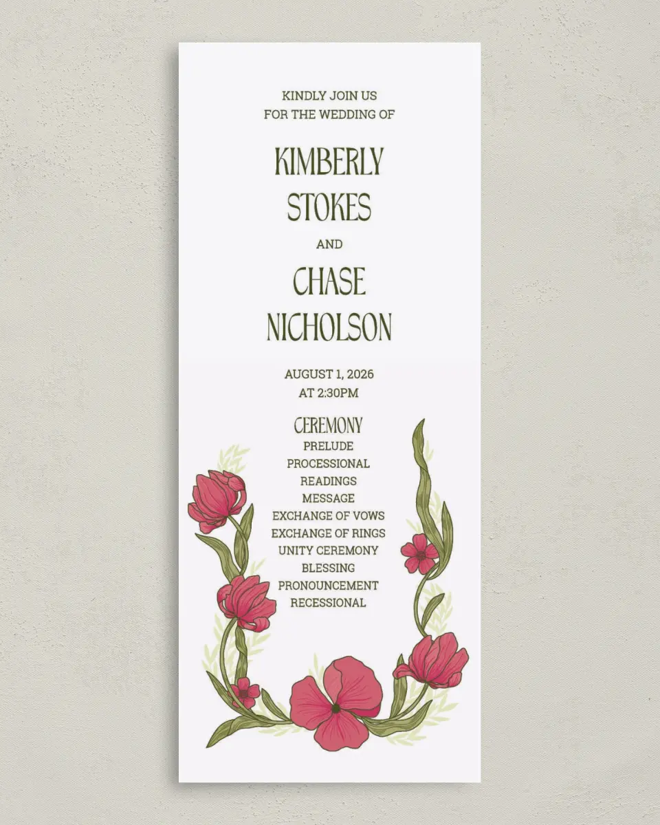 This is a 3⅝" x 8⅞" Tea-length Wedding Program called Nouveau Romance printed in full color with Gold foil on Premium Smooth paper