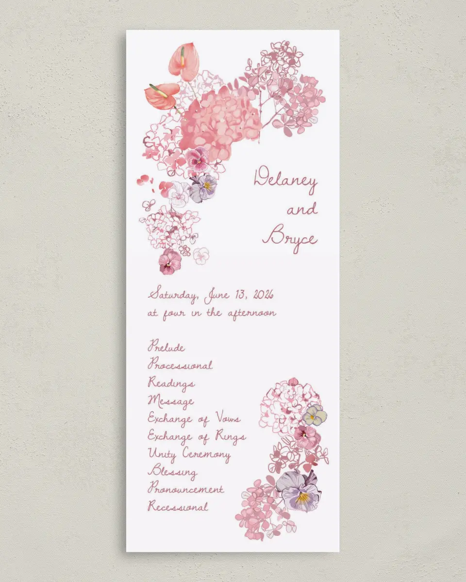 This is a 3⅝" x 8⅞" Tea-length Wedding Program called Blushing Whimsy printed in full color with Gold foil on Premium Smooth paper