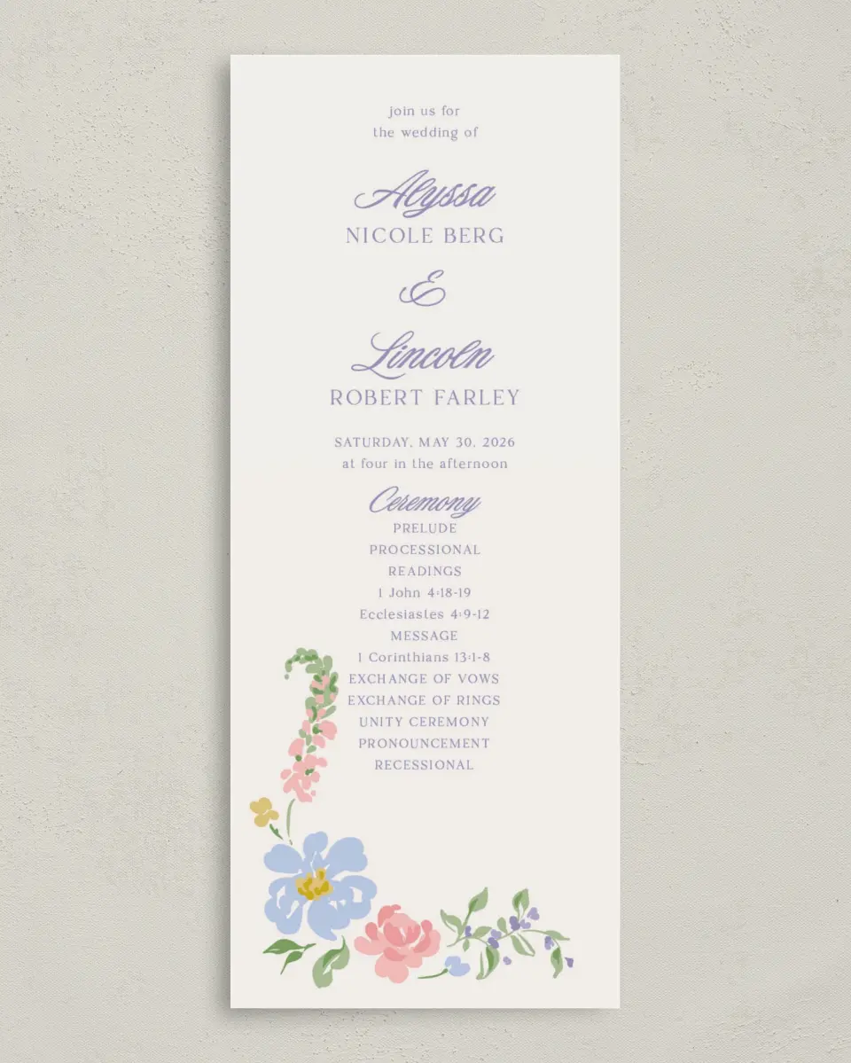 This is a 3⅝" x 8⅞" Tea-length Wedding Program called Gentle Garden printed in full color with Gold foil on Premium Smooth paper