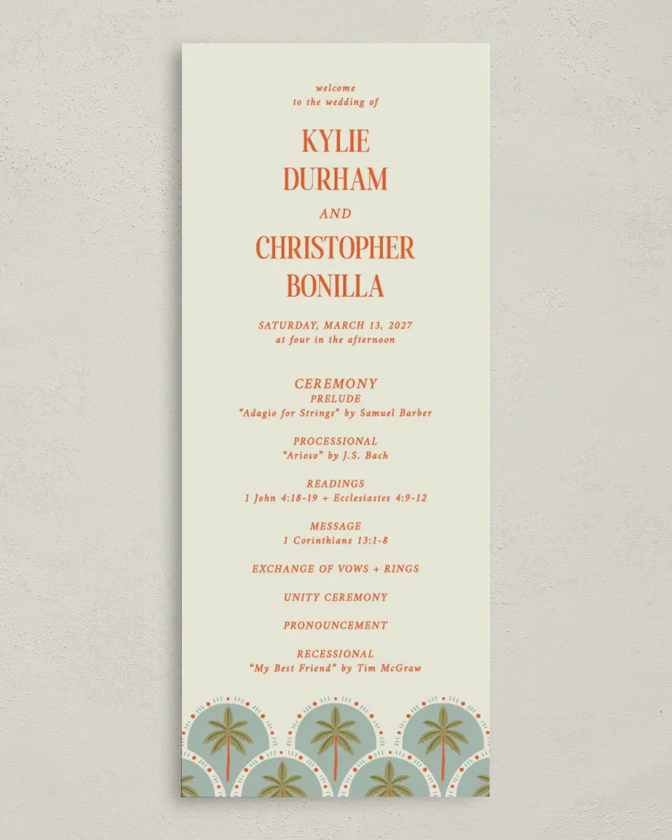 This is a 3⅝" x 8⅞" Tea-length Wedding Program called Tropical Treasure printed in full color with Gold foil on Premium Smooth paper