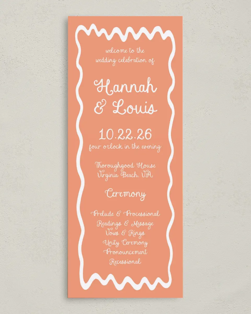 This is a 3⅝" x 8⅞" Tea-length Wedding Program called Wavy Love printed in full color with Gold foil on Premium Smooth paper