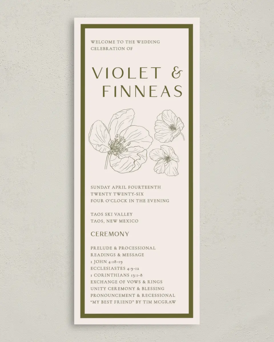 This is a 3⅝" x 8⅞" Tea-length Wedding Program called Delicate Love printed in full color with Gold foil on Premium Smooth paper