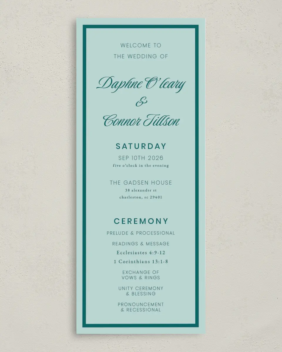 This is a 3⅝" x 8⅞" Tea-length Wedding Program called Faithful Frame printed in full color with Gold foil on Premium Smooth paper