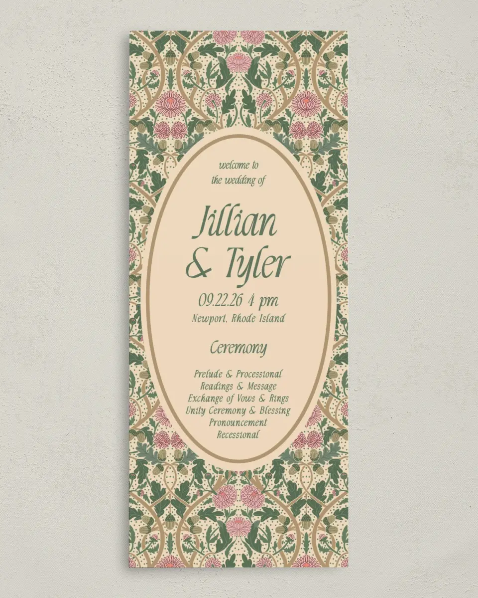 This is a 3⅝" x 8⅞" Tea-length Wedding Program called Regal Garden printed in full color with Gold foil on Premium Smooth paper