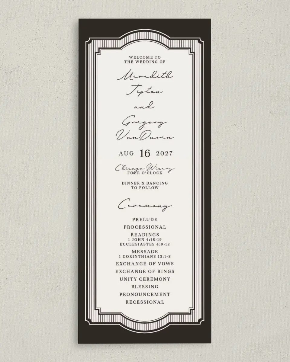 This is a 3⅝" x 8⅞" Tea-length Wedding Program called Opulent Endearment printed in full color with Gold foil on Premium Smooth paper