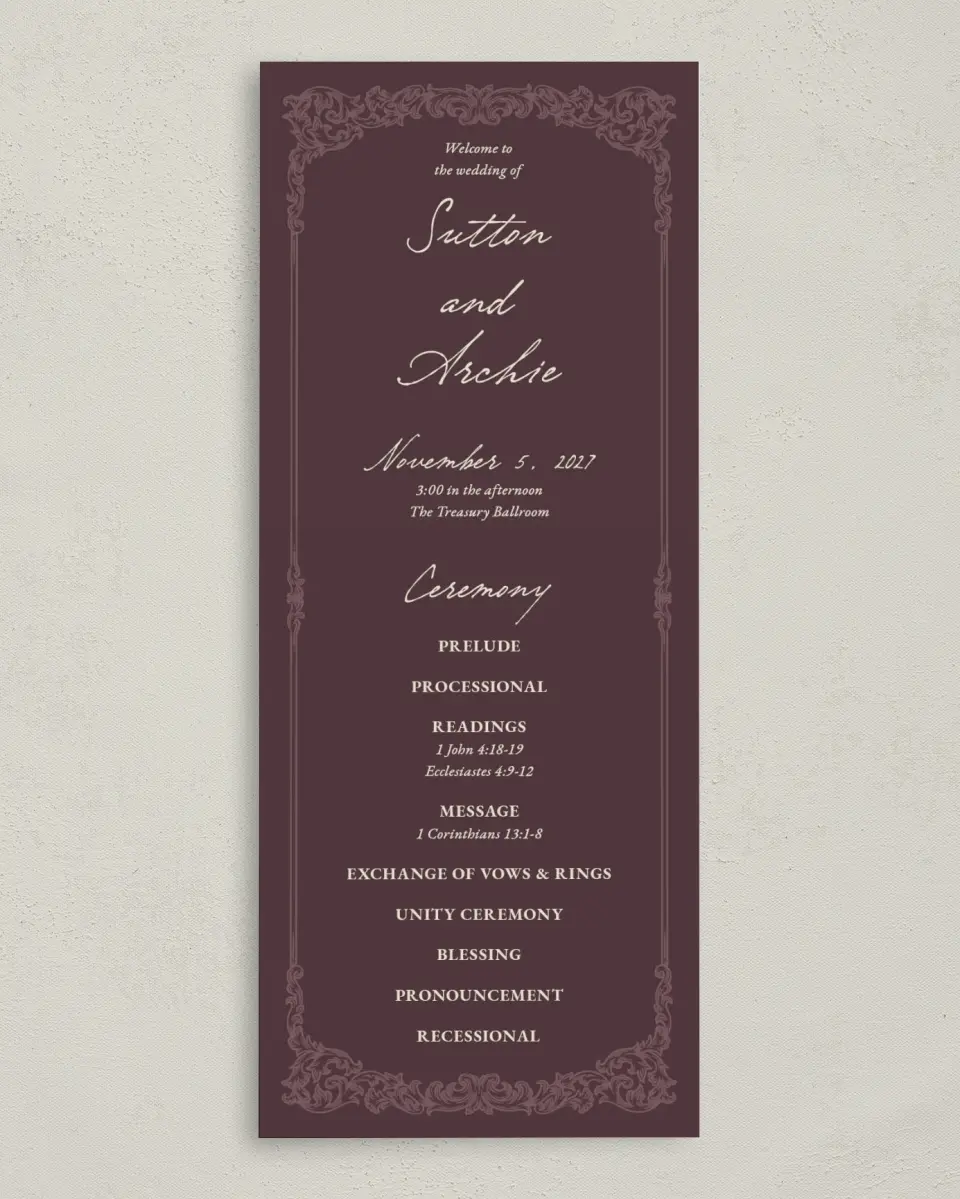 This is a 3⅝" x 8⅞" Tea-length Wedding Program called Victorian Aura printed in full color with Gold foil on Premium Smooth paper