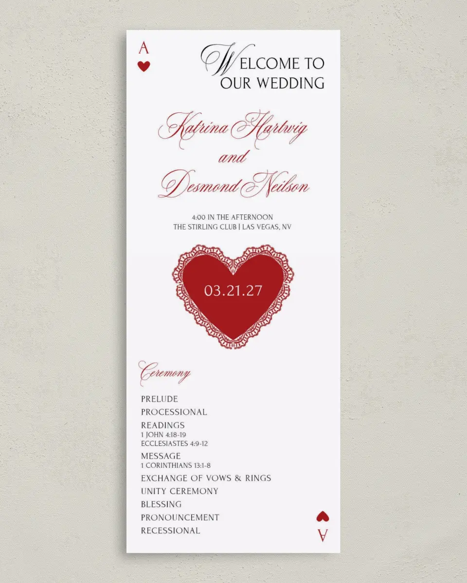 This is a 3⅝" x 8⅞" Tea-length Wedding Program called Elevated Vegas printed in full color with Gold foil on Premium Smooth paper
