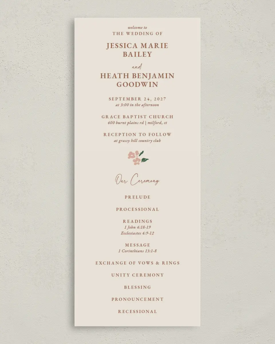 This is a 3⅝" x 8⅞" Tea-length Wedding Program called Plush Petals printed in full color with Gold foil on Premium Smooth paper