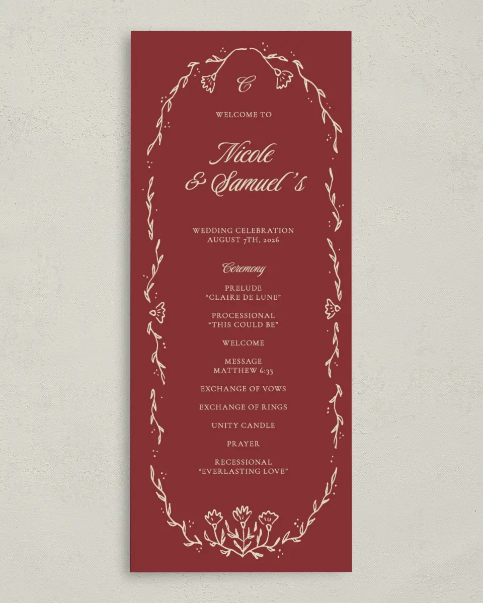 This is a 3⅝" x 8⅞" Tea-length Wedding Program called Bloom & Crest printed in full color with Gold foil on Premium Smooth paper