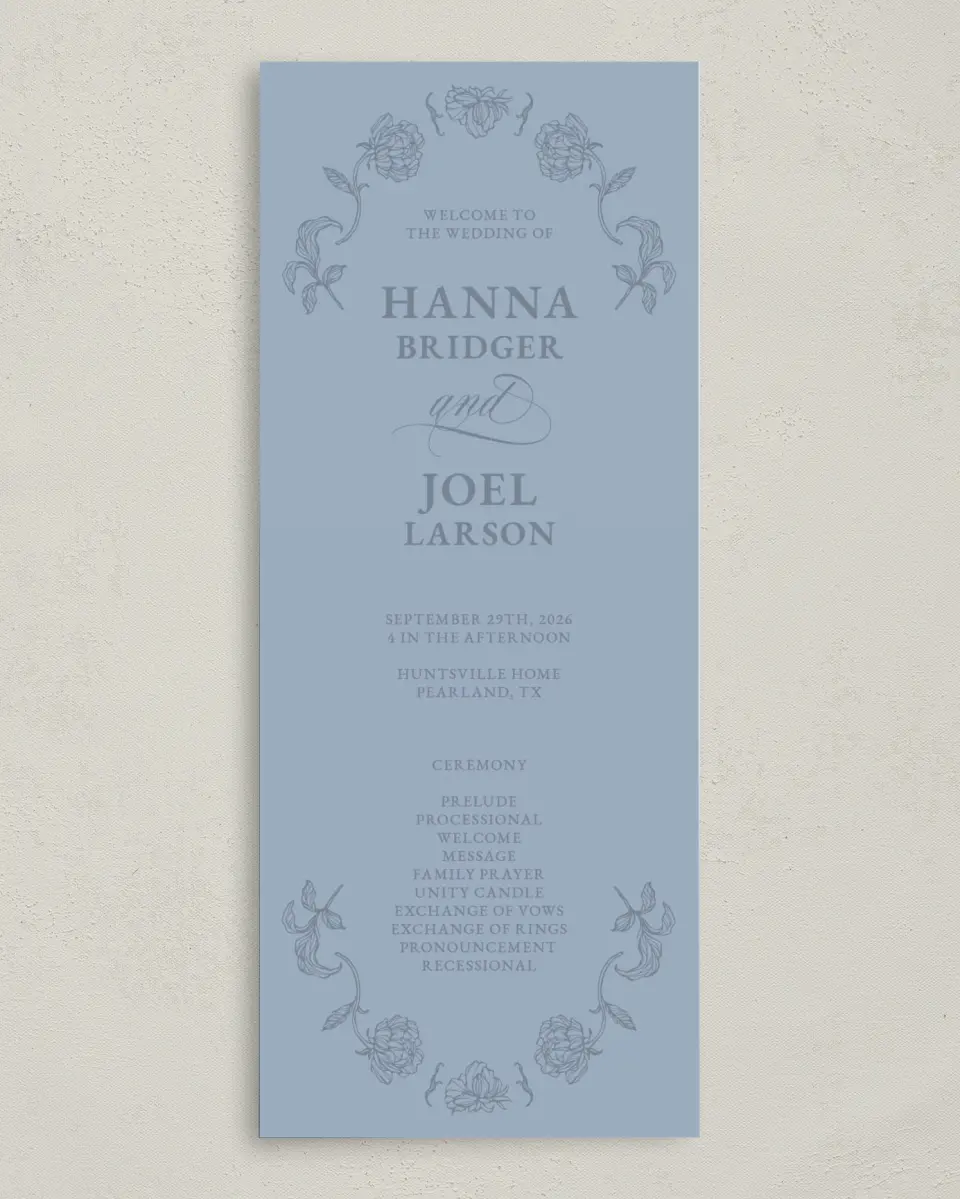 This is a 3⅝" x 8⅞" Tea-length Wedding Program called Pressed Petals printed in full color with Gold foil on Premium Smooth paper