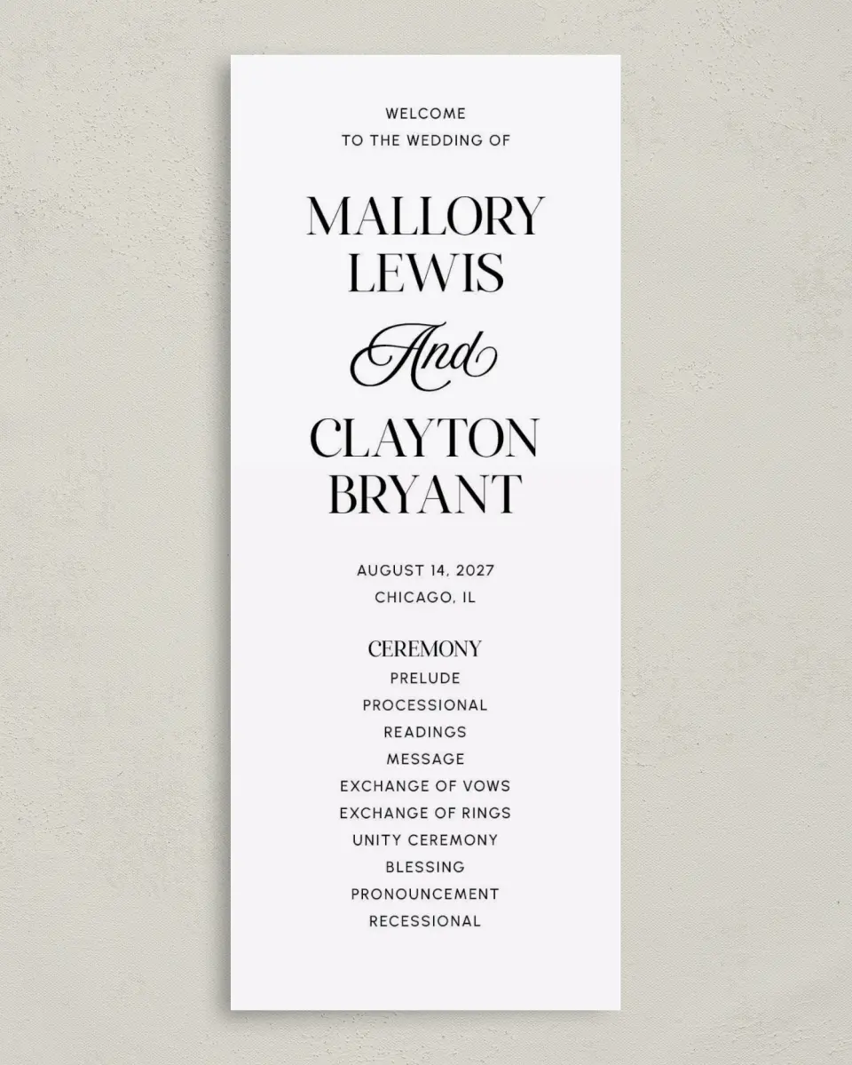 This is a 3⅝" x 8⅞" Tea-length Wedding Program called The Mallory printed in full color on Premium Smooth paper