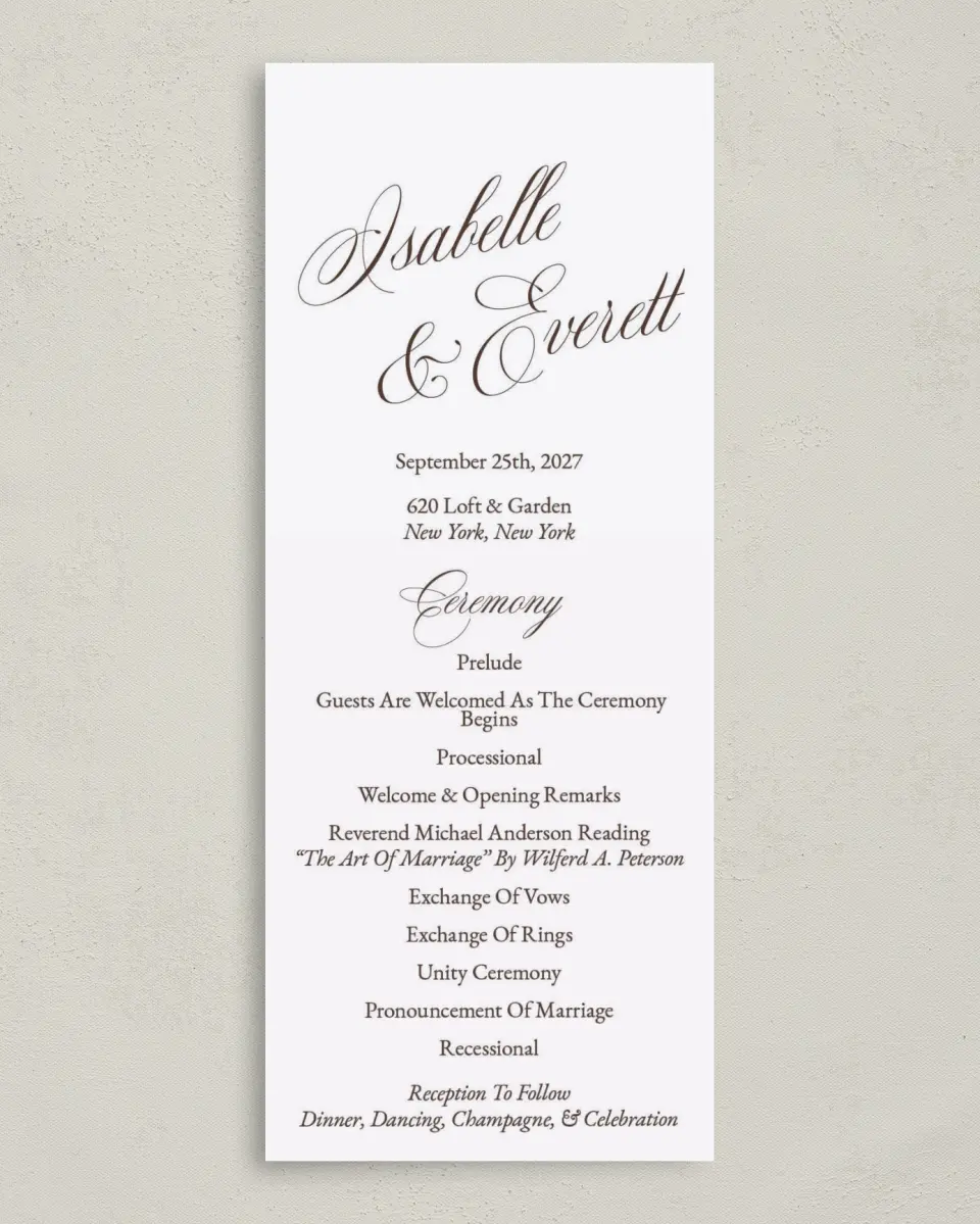 This is a 3⅝" x 8⅞" Tea-length Wedding Program called The Isabelle printed in full color on Premium Smooth paper