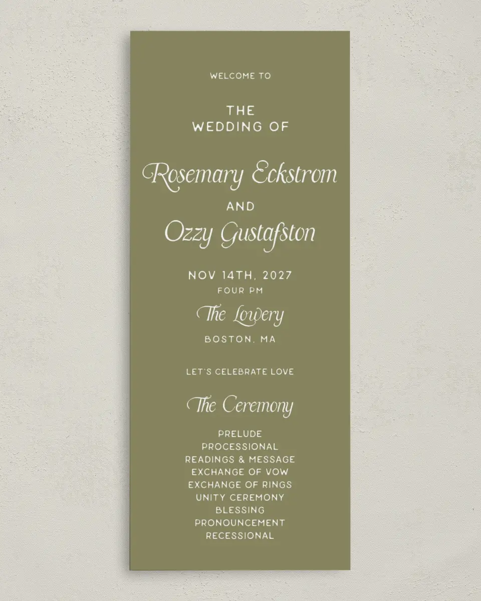 This is a 3⅝" x 8⅞" Tea-length Wedding Program called The Rosemary printed in full color on Premium Smooth paper