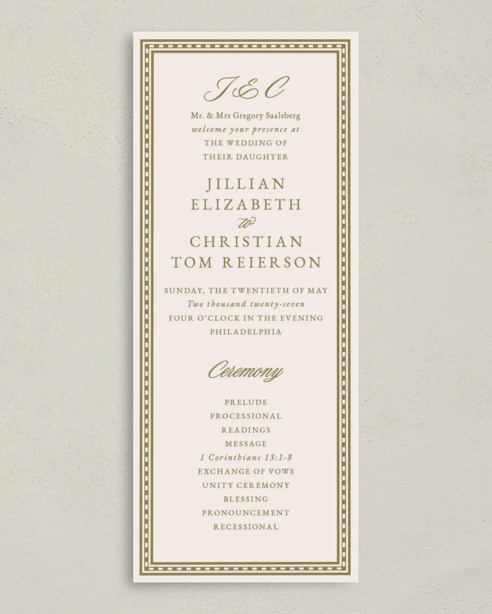 This is a 3⅝" x 8⅞" Tea-length Wedding Program called The Jillian printed in full color on Premium Smooth paper