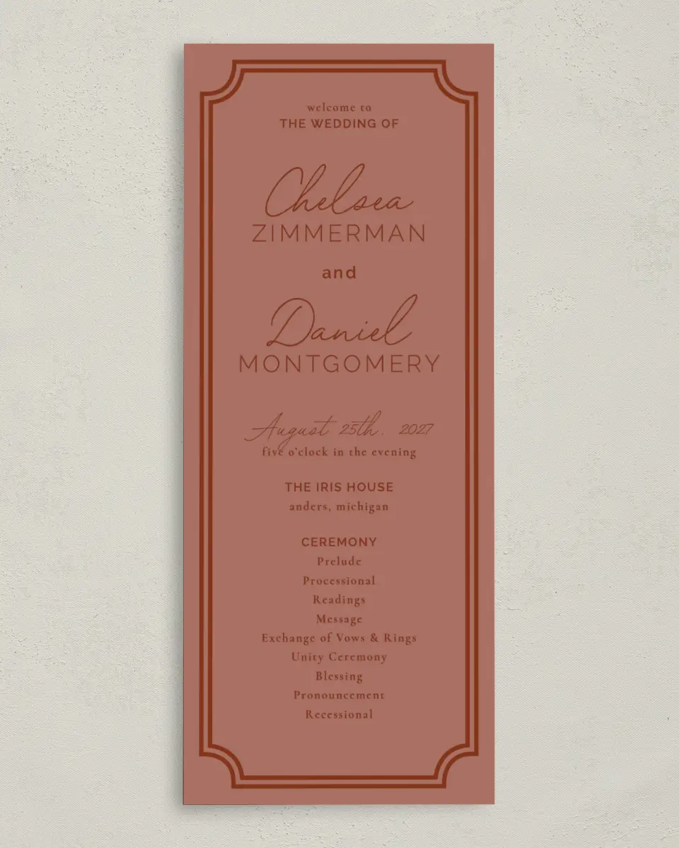 This is a 3⅝" x 8⅞" Tea-length Wedding Program called The Chelsea printed in full color on Premium Smooth paper